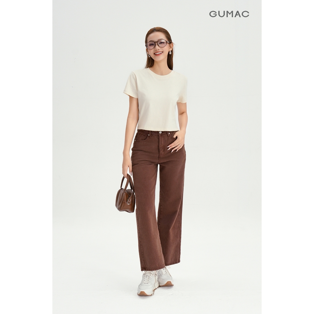 Quần Jean Nữ GUMAC - Gmorning Ống Suông Rộng Denim Cao Cấp Thêu Icon GMOR Màu Nâu Cá Tính YQJF10060