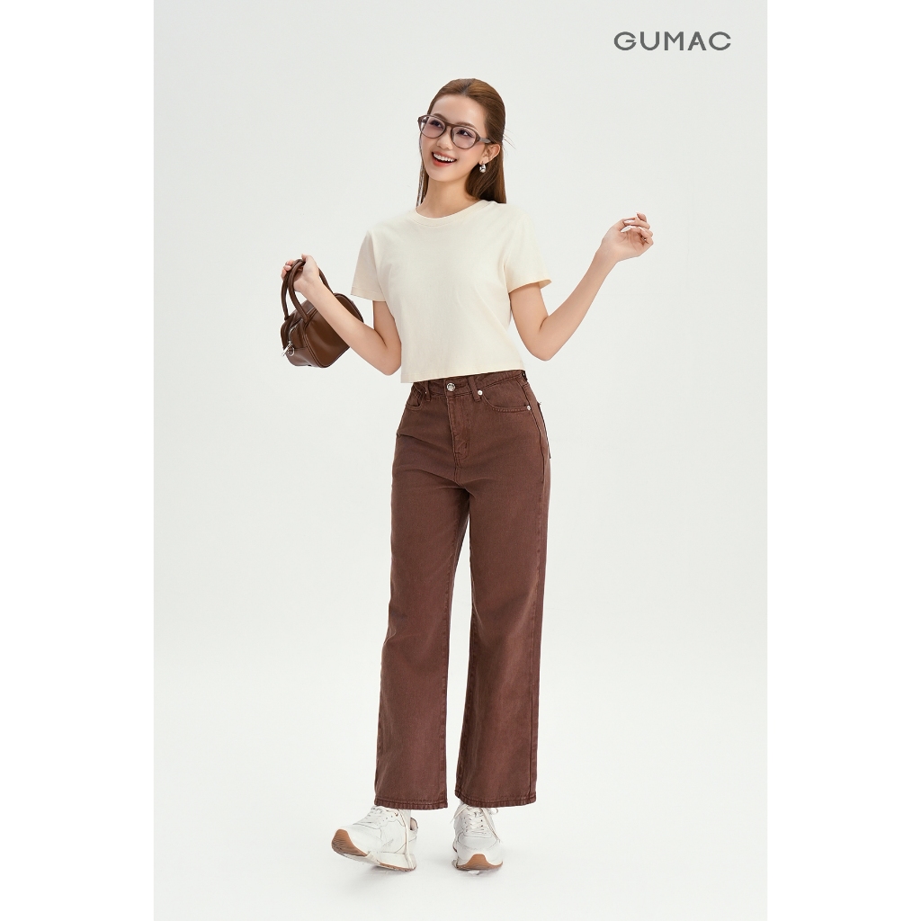 Quần Jean Nữ GUMAC - Gmorning Ống Suông Rộng Denim Cao Cấp Thêu Icon GMOR Màu Nâu Cá Tính YQJF10060