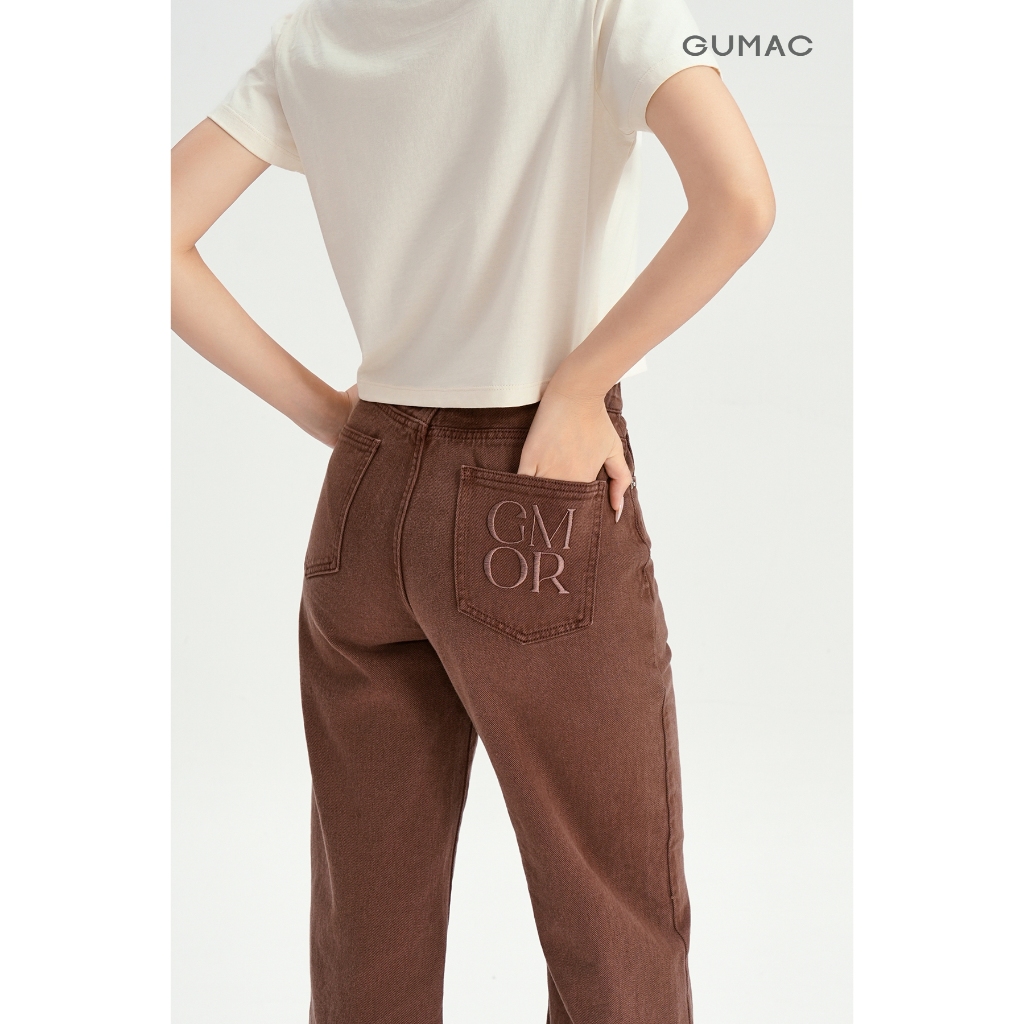 Quần Jean Nữ GUMAC - Gmorning Ống Suông Rộng Denim Cao Cấp Thêu Icon GMOR Màu Nâu Cá Tính YQJF10060