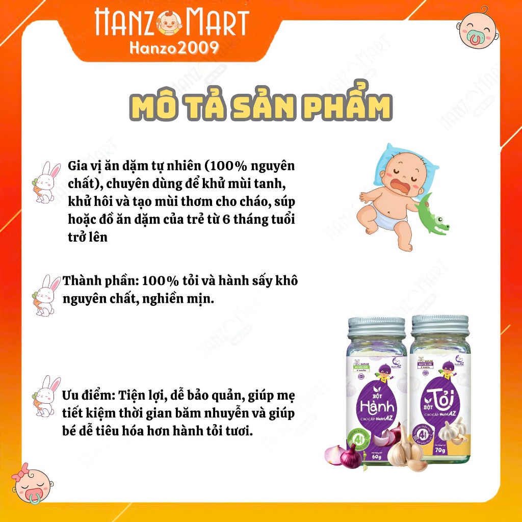 Gia Vị Ăn Dặm Cho Bé NutriAZ, Bột Hành Bột Tỏi  An Toàn Cho Bé Từ 6 Tháng Tuổi