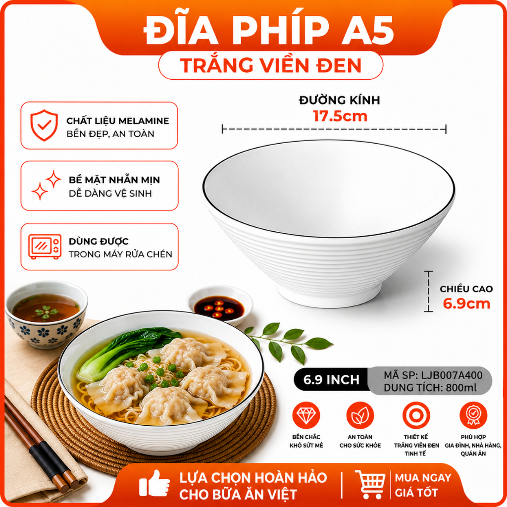 Bát  Phíp ( Melamine A5 )  Trắng Viền Đen – Phong Cách Bắc Âu Cổ Điển Sang Trọng  007A400