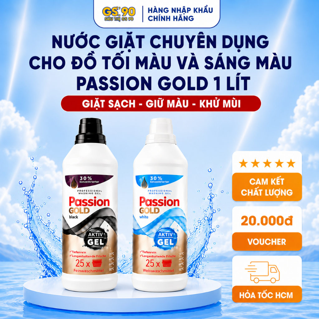 Nước Giặt Passion Gold 1 Lít Chuyên Dụng Cho Quần Áo Trắng và Đen Tối Màu Hàng Đức