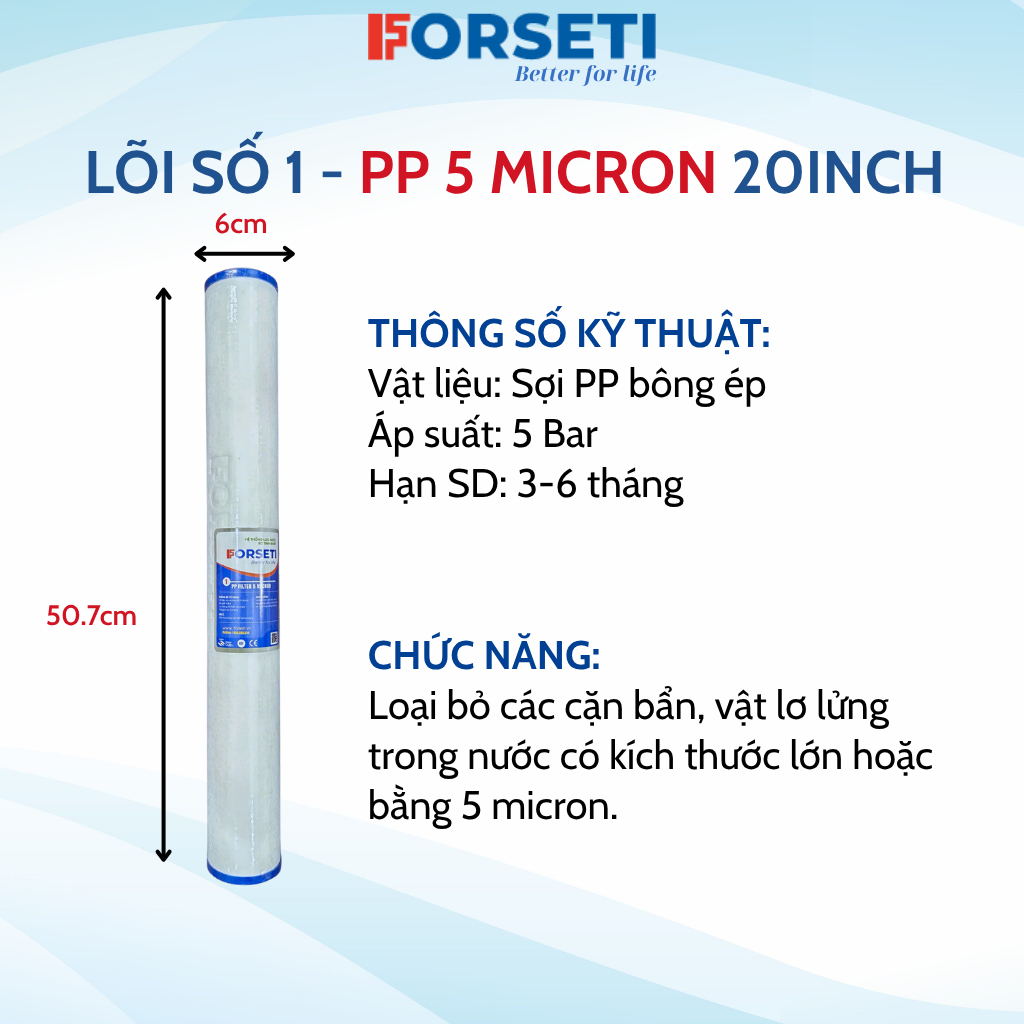 Lõi Lọc Thô PP Số 1 20 INCH Cấu Tạo Từ Bông PP Ép 5 Micron Loại Bỏ Tạp Chất Lọc Đầu Nguồn Cho Nước Sinh Hoạt