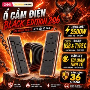 [QUÀ 15/7] Ổ Cắm Điện 2026 Đa Năng Deli, Ổ Cắm Điện Chống Giật An Toàn Công Suất 2500W Màu Đen Thiết Kế Sang Trọng