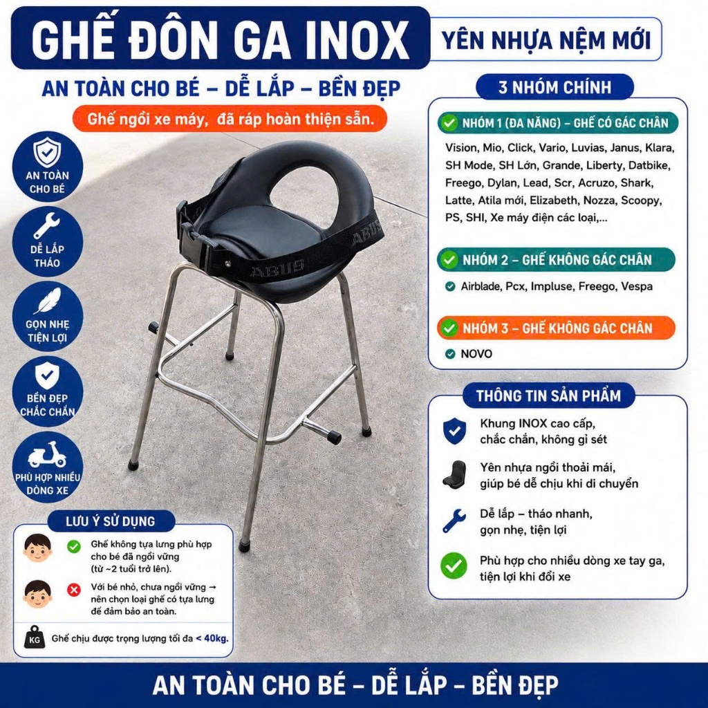 [ ĐÔN NHỰA NỆM ] GHẾ ĐÔN GA INOX YÊN NỆM NHỰA – AN TOÀN CHO BÉ, DỄ LẮP, BỀN ĐẸP