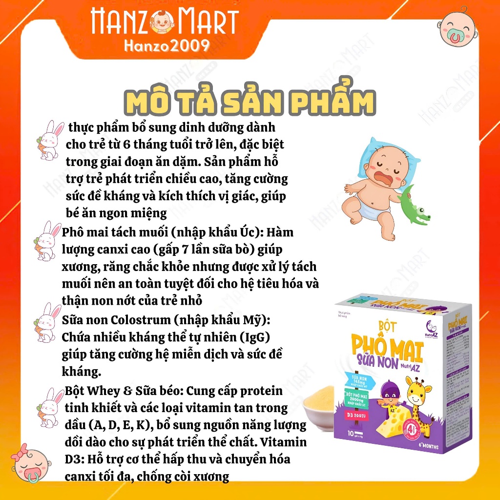 Bột Phô Mai Sữa Non NutriAZ Cho Bé Ăn Dặm Nguyên Liệu Nhập Khẩu Hỗ Trợ Phát Triển Chiều Cao Cho Bé Từ 6 Tháng Tuổi