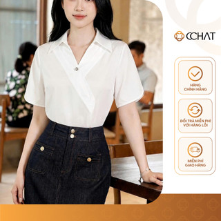 Áo Sơ Mi Nữ 𝐂𝐂𝐇𝐀𝐓 Dáng Suông Tay Kiểu Nẹp Lệch Chất Liệu Thô Bamboo Cao Cấp 16FNT8122ST