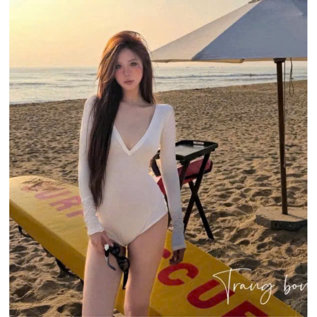 Áo body suits cổ tim dài tay đi biển siu xinh