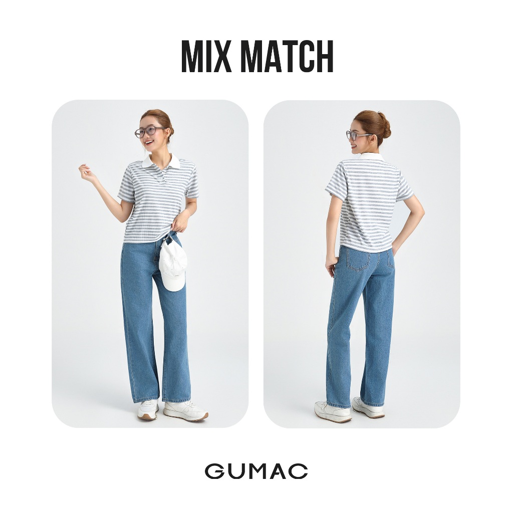 Áo Polo Nữ Form Suông GUMAC Phối Cổ Trắng Kèm Họa Tiết Sọc Ngang Trẻ Trung LPLF1103
