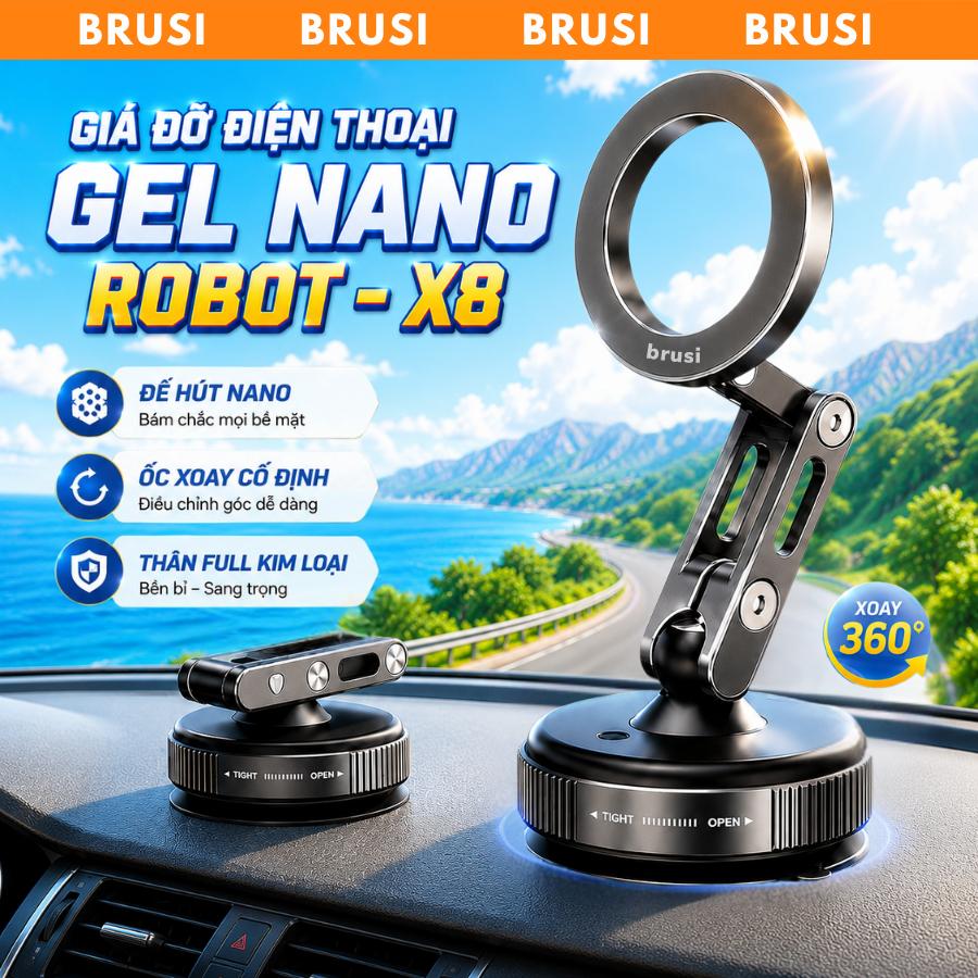 Giá đỡ điện thoại Robot X8 chống rung hút chân không BRUSI xoay 360 độ gắn kính,Taplo, nền gạch ghỗ