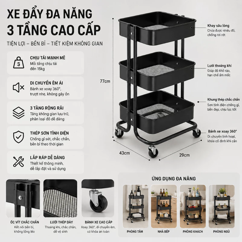 Kệ bỉm sữa Đa Năng 3-4 tầng, có Bánh Xe Đẩy LOẠI 1 (3 màu XANH - TRẮNG - ĐEN) - Gia Dụng Sài Gòn — ảnh 1