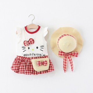 Set đồ bộ bé gái 3 chi tiết bộ + nón cói + túi cói áo thun cotton quần bí thô sọc caro D1310