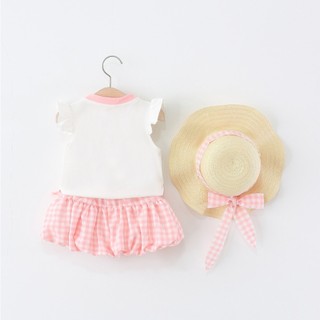 Set đồ bộ bé gái 3 chi tiết bộ + nón cói + túi cói áo thun cotton quần bí thô sọc caro D1310