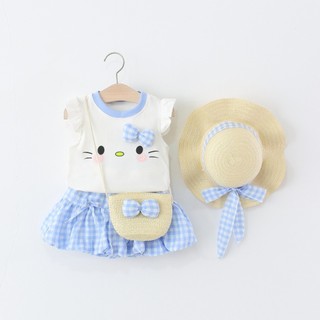 Set đồ bộ bé gái 3 chi tiết bộ + nón cói + túi cói áo thun cotton quần bí thô sọc caro D1310