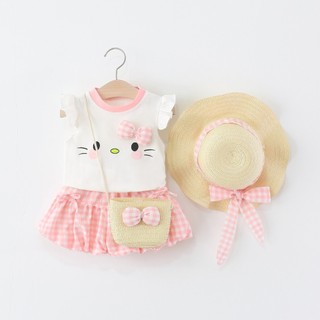 Set đồ bộ bé gái 3 chi tiết bộ + nón cói + túi cói áo thun cotton quần bí thô sọc caro D1310