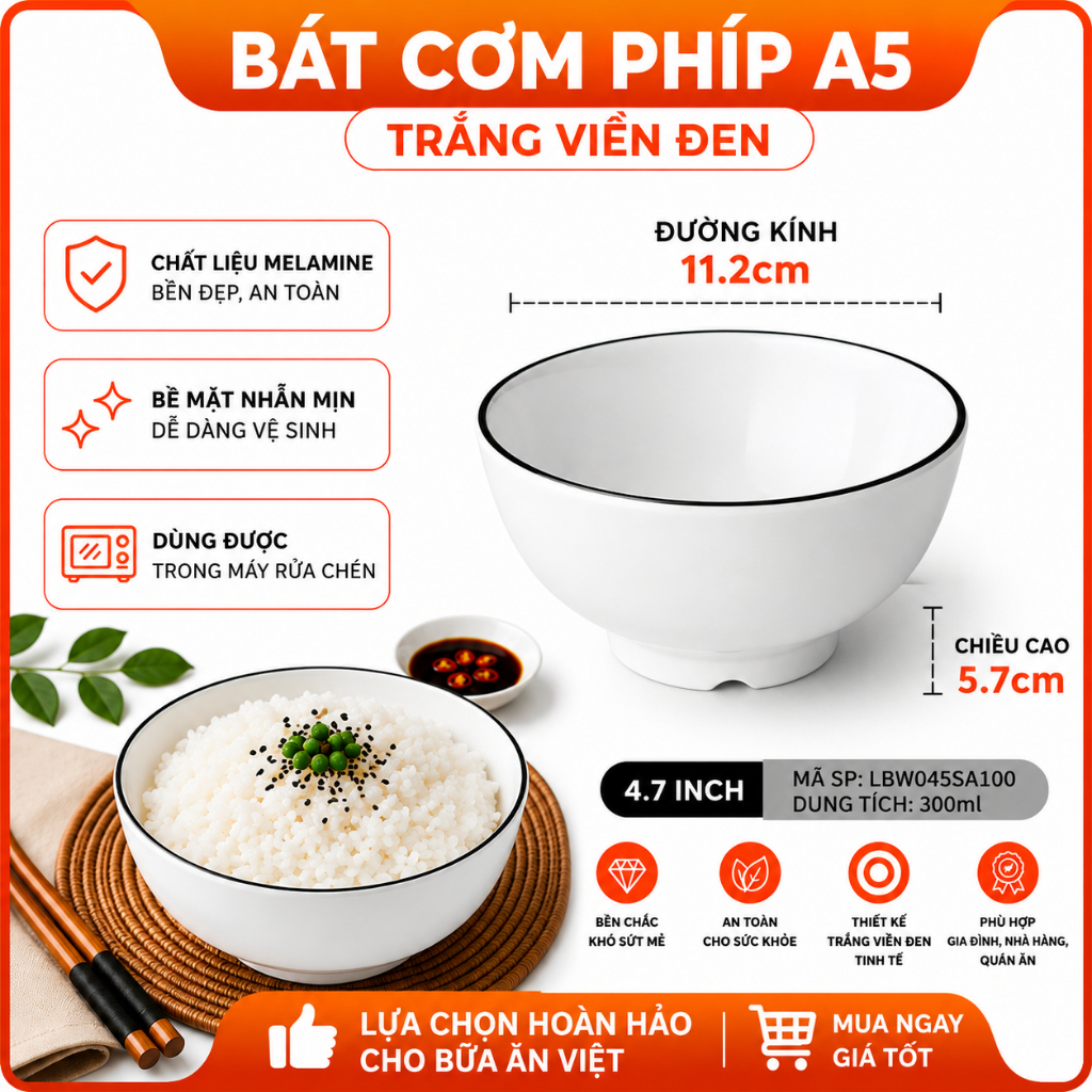 Bát Ăn Cơm Phíp ( Melamine A5 )  Trắng Viền Đen – Phong Cách Bắc Âu Cổ Điển Sang Trọng  045SA100