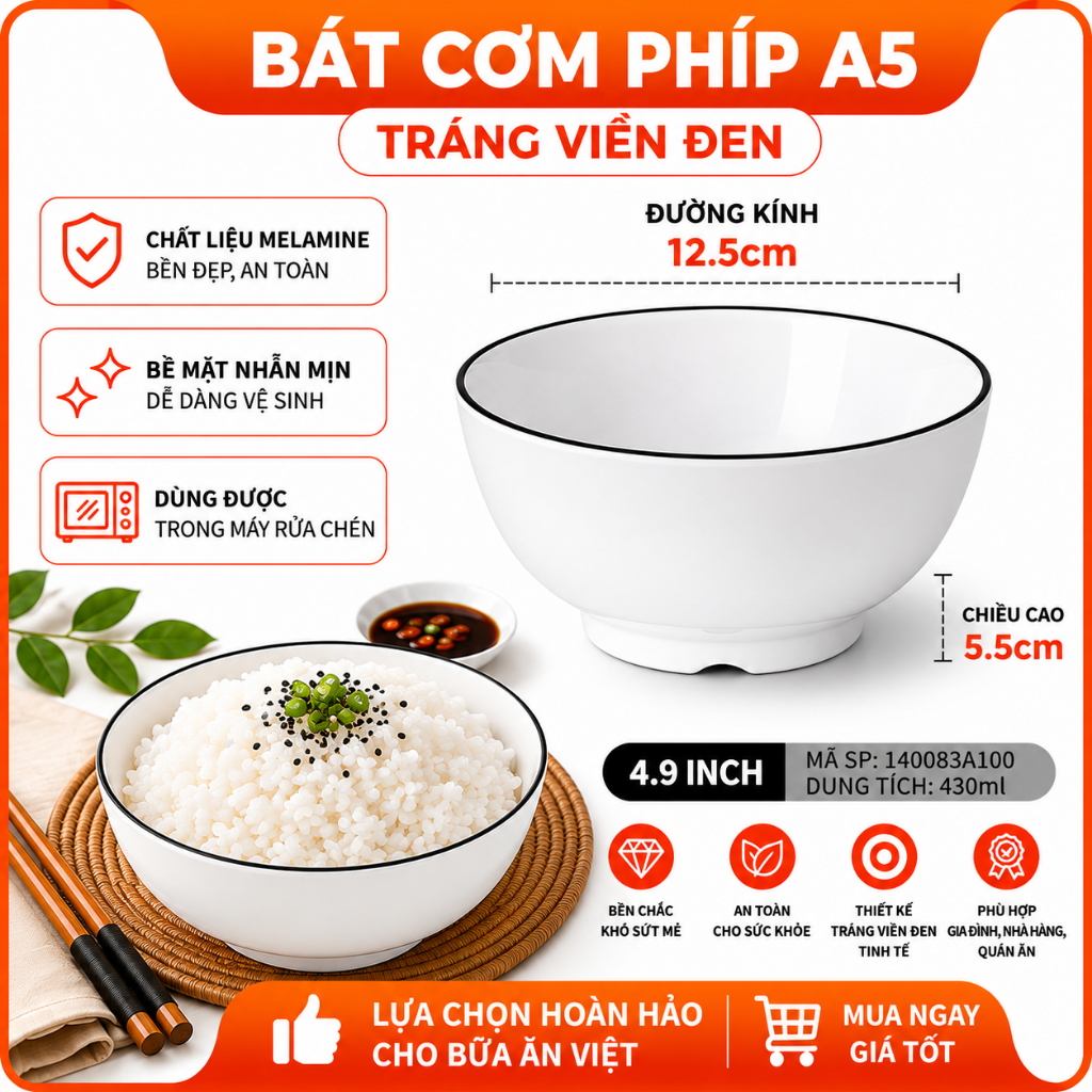 Bát Ăn Cơm Phíp ( Melamine A5 )  Trắng Viền Đen – Phong Cách Bắc Âu Cổ Điển Sang Trọng  140083