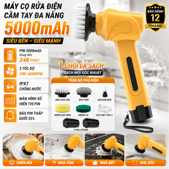 5 in1 Máy Cọ Rửa Điện Cầm Tay 5000mAh, 3 Tốc Độ 300-600RPM, IPX7 Chống Nước, Màn Hình Số, 5 Đầu Cọ