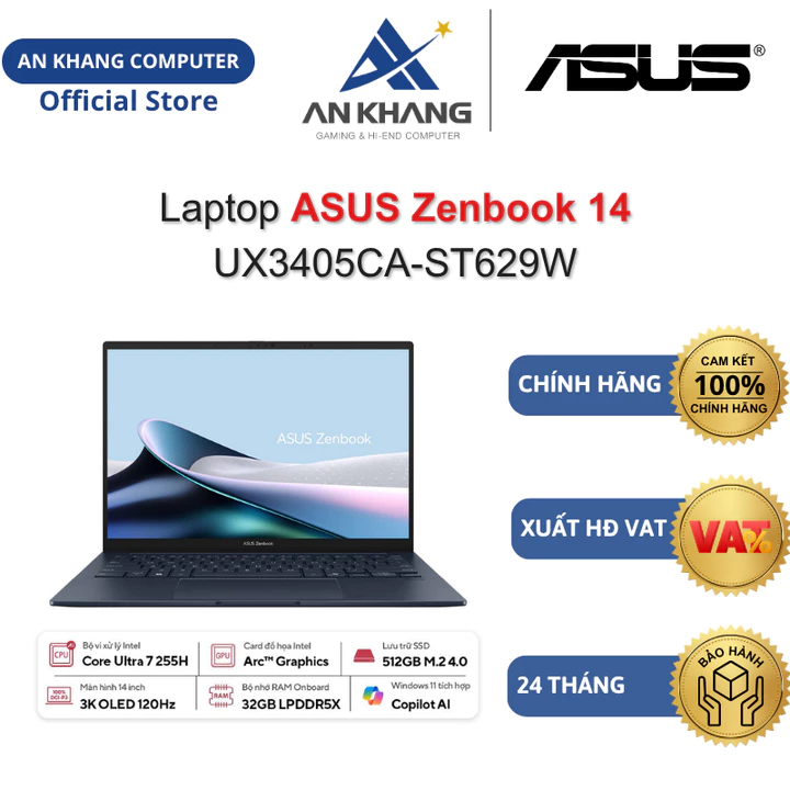 Laptop ASUS Zenbook 14 UX3405CA-ST629W (U7-255H /32GDR5X/ 512GSSD/ 14.03K_OLED_120Hz/W11SL) Chính hãng Bảo hành 24 Tháng