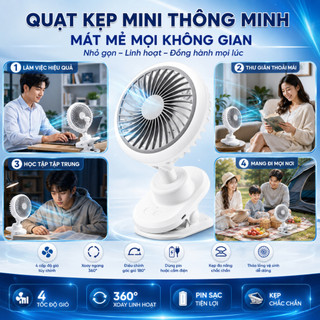 Quạt Tích Điện Kẹp Bàn W02, Pin Trâu 4000mAh, Dùng Liên Tục 15h (Mức gió thấp nhất), Xoay tự động 180°, BH 12 Tháng