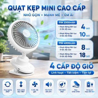 Quạt Tích Điện Kẹp Bàn W02, Pin Trâu 4000mAh, Dùng Liên Tục 15h (Mức gió thấp nhất), Xoay tự động 180°, BH 12 Tháng