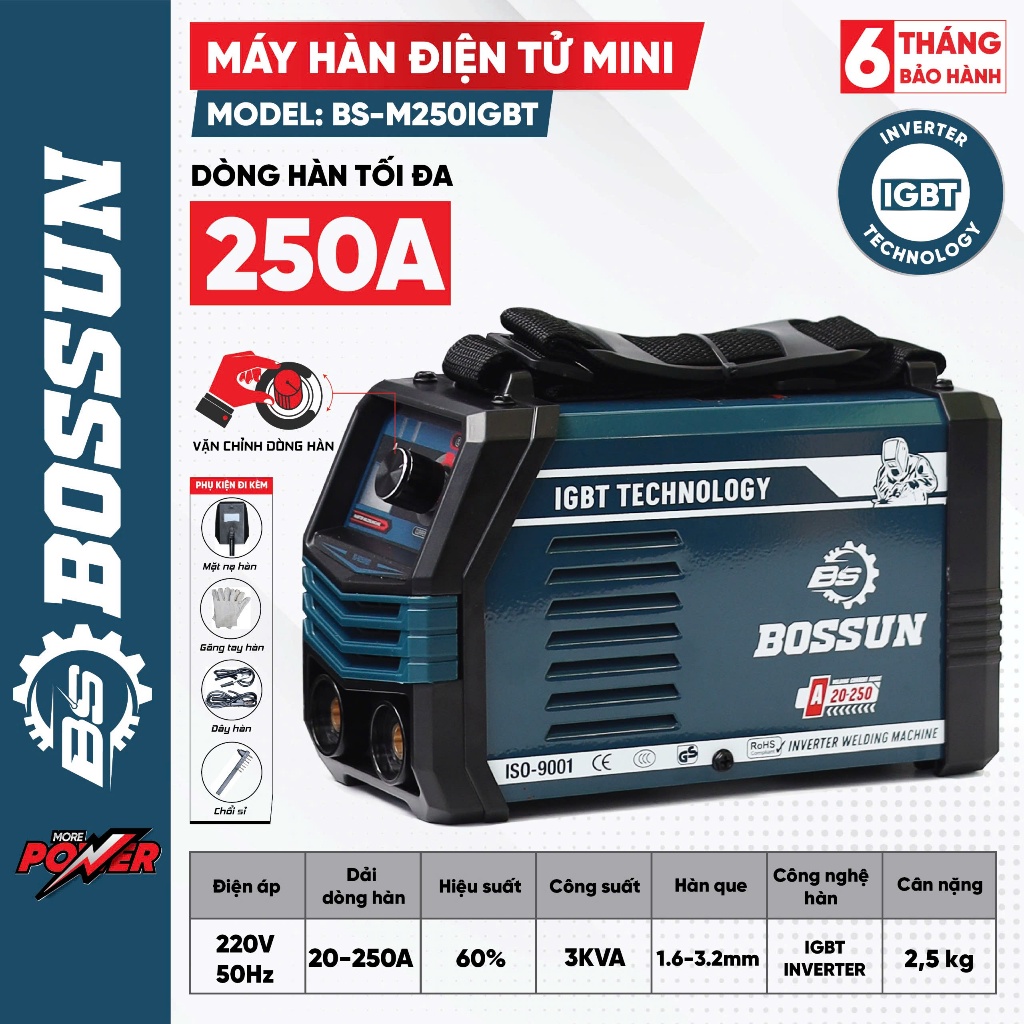Máy hàn điện tử mini BS BOSSUN BS-M250IGBT, INVERTER, Hàn que 1.6 - 3.2mm - Lõi đồng 100%