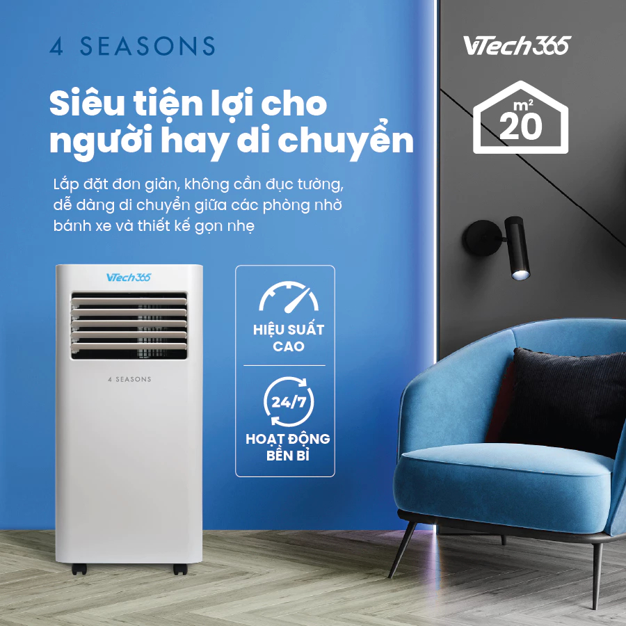 [VOUCHER 300K] Điều Hoà Di Động 2 chiều 4 mùa Làm Lạnh, Sưởi ấm, Hút ẩm, Điều khiển wifi Smart Life VTECH365 9000BTU
