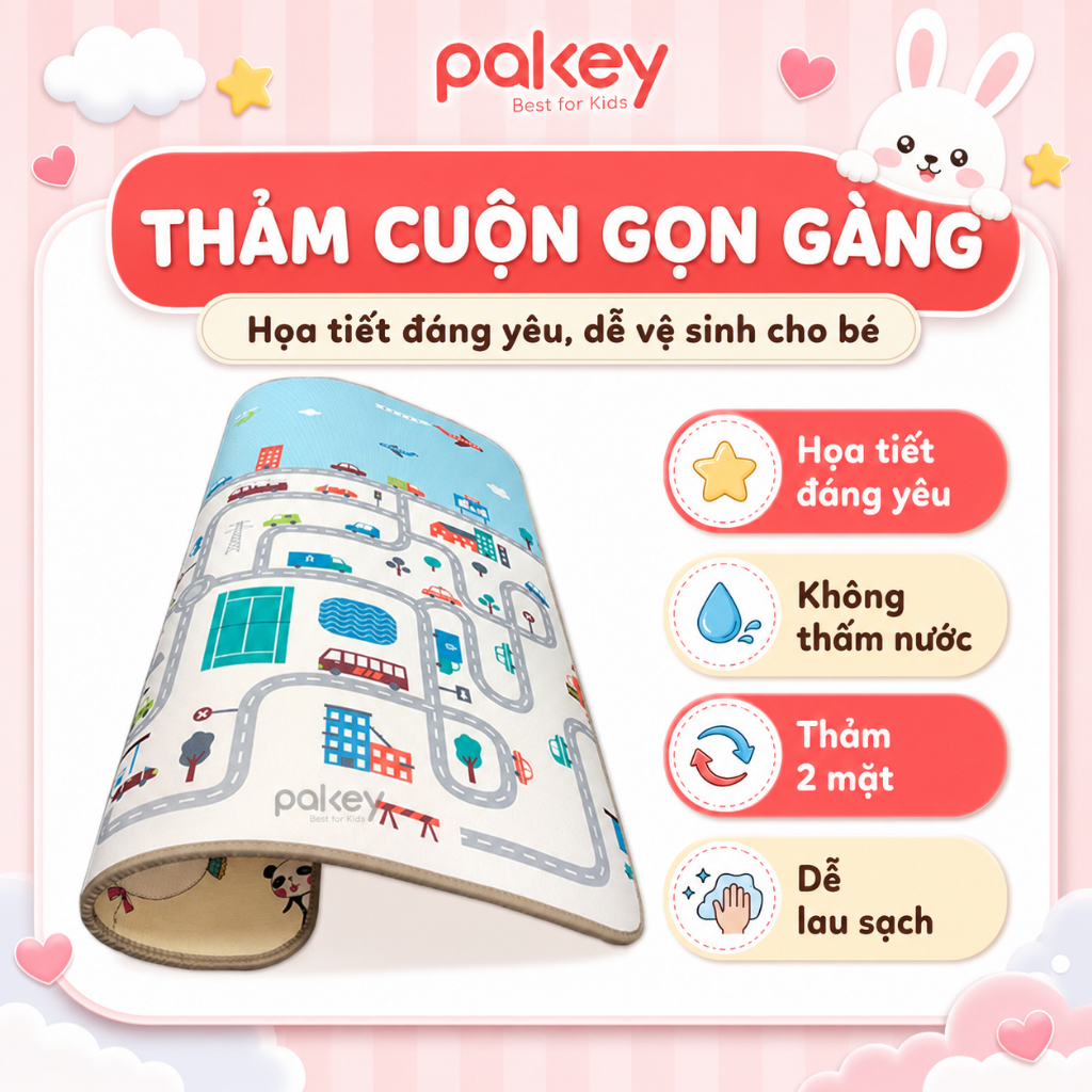 Thảm Xốp Cho Bé Pakey Chống Nước, Thảm 2 Mặt XPE Siêu Dày 1CM, 2CM Siêu Êm Cho Bé Chơi, Có Thể Gấp Gọn Dễ Dàng
