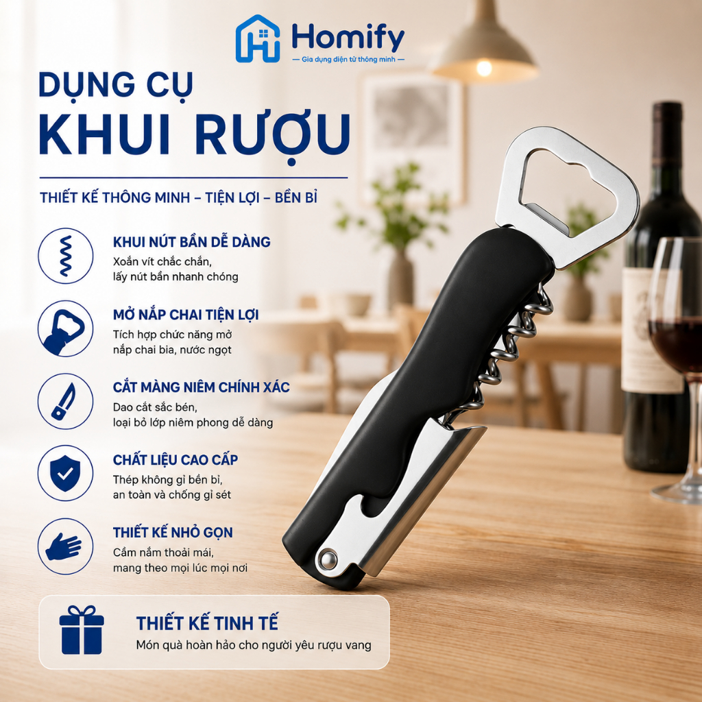 Dụng cụ 4n1 khui rượu bia đa năng Homify - Khui nắp chai , mở nắp rượu vang , cắt giấy bạc tiện lợi