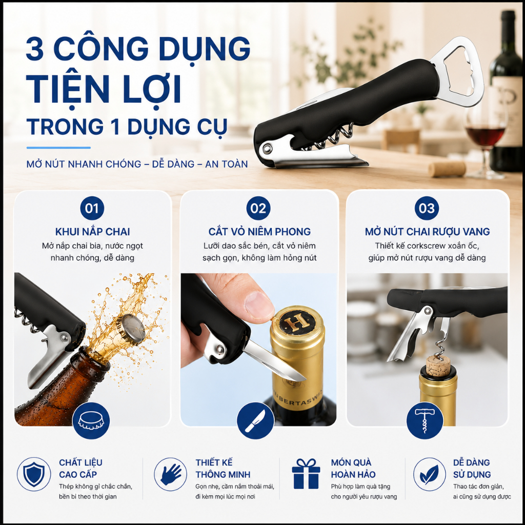 Dụng cụ 4n1 khui rượu bia đa năng Homify - Khui nắp chai , mở nắp rượu vang , cắt giấy bạc tiện lợi
