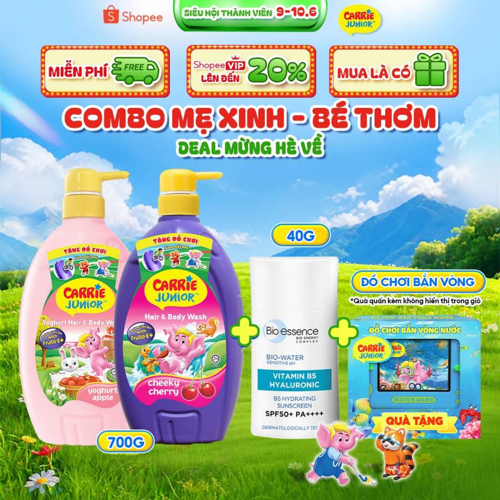 [DEAL HÈ VỀ] [Tặng Đồ Chơi Nước] COMBO Mẹ Xinh & Bé Thơm: Kem Chống Nắng Bio-Essence 40ml + Sữa Tắm Carrie Junior 700g