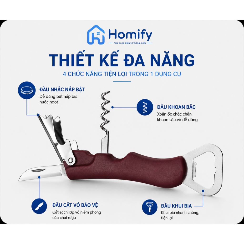 Dụng cụ 4n1 khui rượu bia đa năng Homify - Khui nắp chai , mở nắp rượu vang , cắt giấy bạc tiện lợi