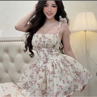 Váy hoa nhí tiểu thư dáng xòe cột nơ vai, đầm ngắn chiết eo trẻ trung phong cách ulzzang Hàn Quốc