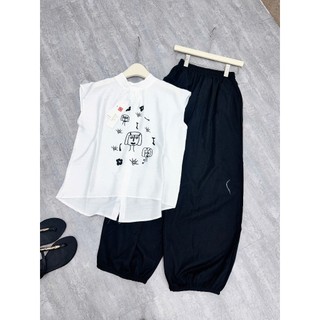 Set Bộ Đồ Nữ Áo Đũi Trắng Họa Tiết Đen Khuy Cài Lưng Kèm Quần Baggy Màu Đen Ống Rộng Basic