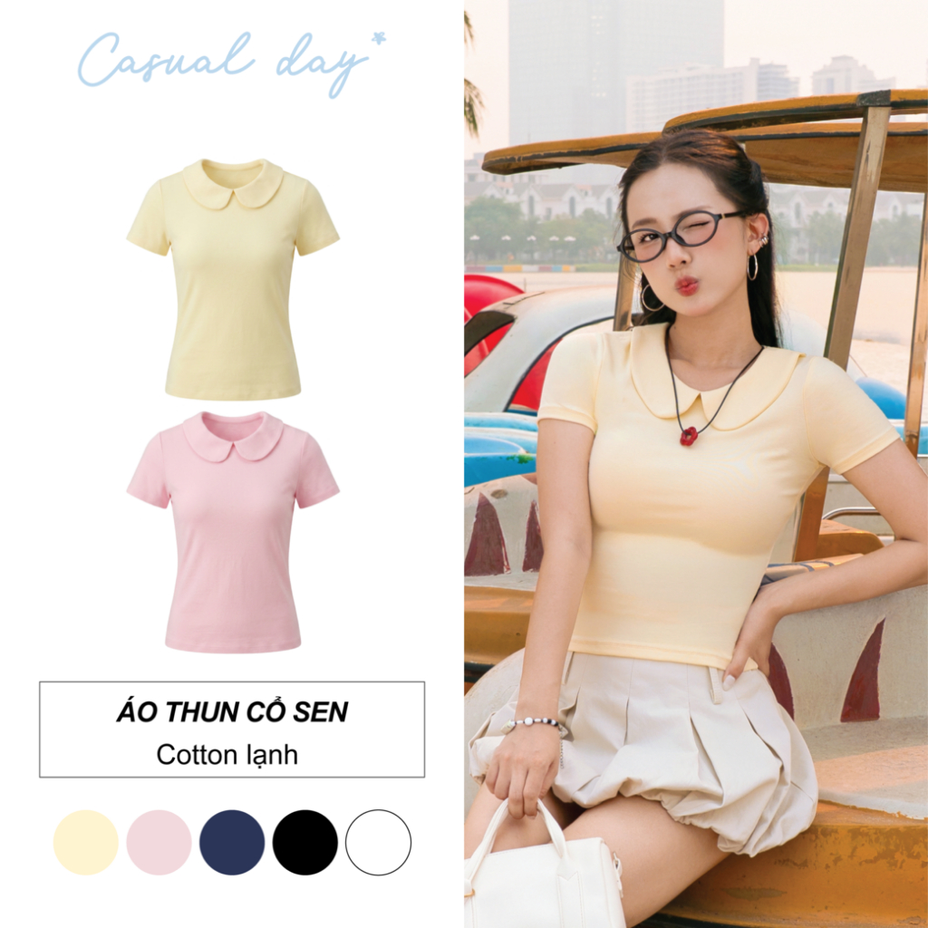 Áo Thun Cổ Sen CASUAL DAY Tay Ngắn Dáng Ôm,Vải Cotton Lạnh Mềm Mịn Co Giãn 4 chiều, Thoáng Mát - S6