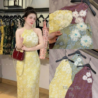 Váy lụa cổ yếm khâu hoa voan trắng cách điệu đính hạt