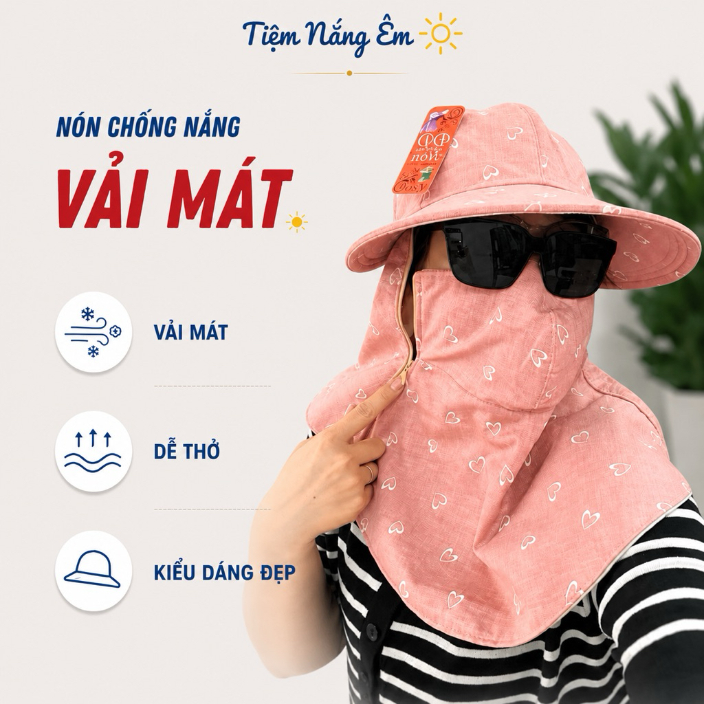 Nón Mũ Chống Nắng Vải Mát Cho Nữ, Thoáng Dễ Thở, Dây Kéo/Miếng Dán freesize