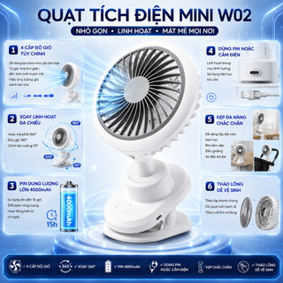 Quạt Tích Điện Kẹp Bàn W02, Pin Trâu 4000mAh, Dùng Liên Tục 15h (Mức gió thấp nhất), Xoay tự động 180°, BH 12 Tháng