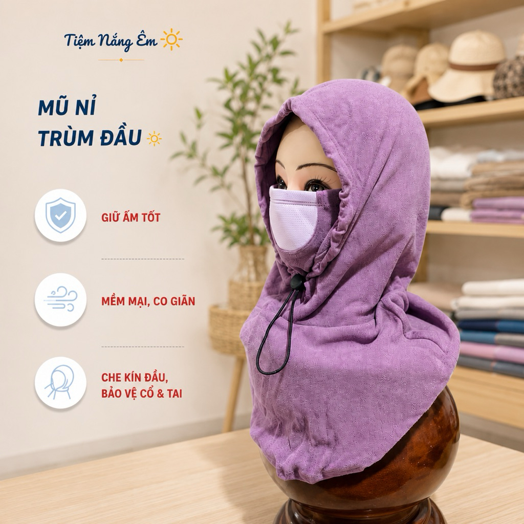 Mũ Trùm Đầu Chống Nắng Chống Lạnh Kèm Khẩu Trang Dây Rút, Che Kín Mặt Cổ, Vải Mềm Mịn Giữ Ấm Tốt