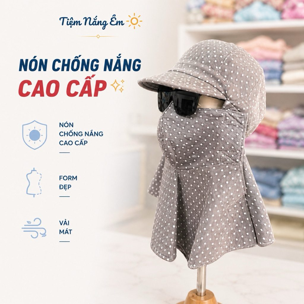 Nón mũ chống nắng khẩu trang che kín mặt, vải mát dễ thở, miếng dán/dây kéo thời trang