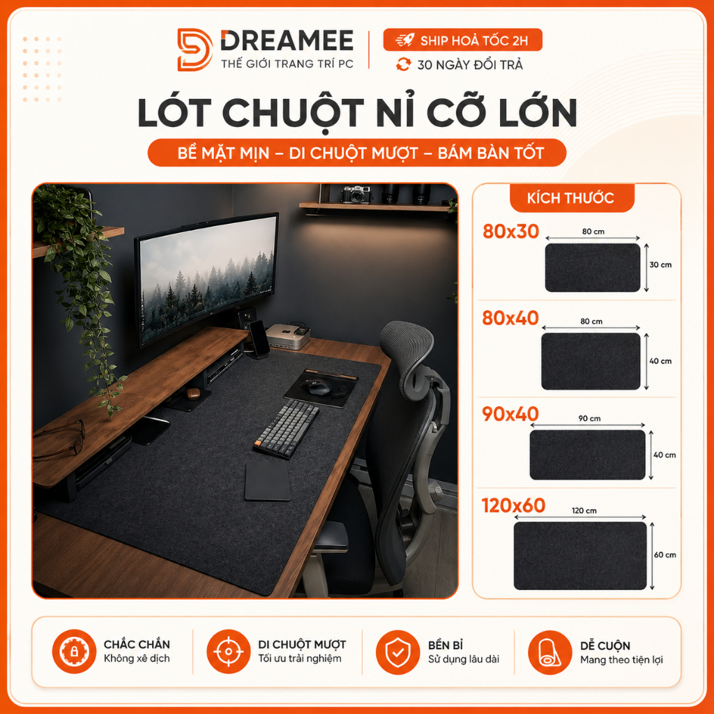 Miếng Lót Chuột Cỡ Lớn, Thảm Nỉ Trải Bàn Làm Việc, Deskpad nỉ lớn Full bàn 120x60, 100x50, 90x40, 80x30