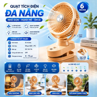 Quạt Tích Điện Kẹp Bàn FS-001, Pin 4000mAh Dùng Liên Tục 15h (Mức gió thấp nhât), 6 cấp độ gió, 3 chế độ đèn, BH 1 Năm