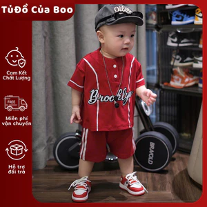 Bộ Đồ Bé Trai Brooklyn Màu Đỏ, Set Áo Thun Thể Thao+Quần Short Cotton Cao Cấp,Bộ Bé Trai Mùa Hè A09