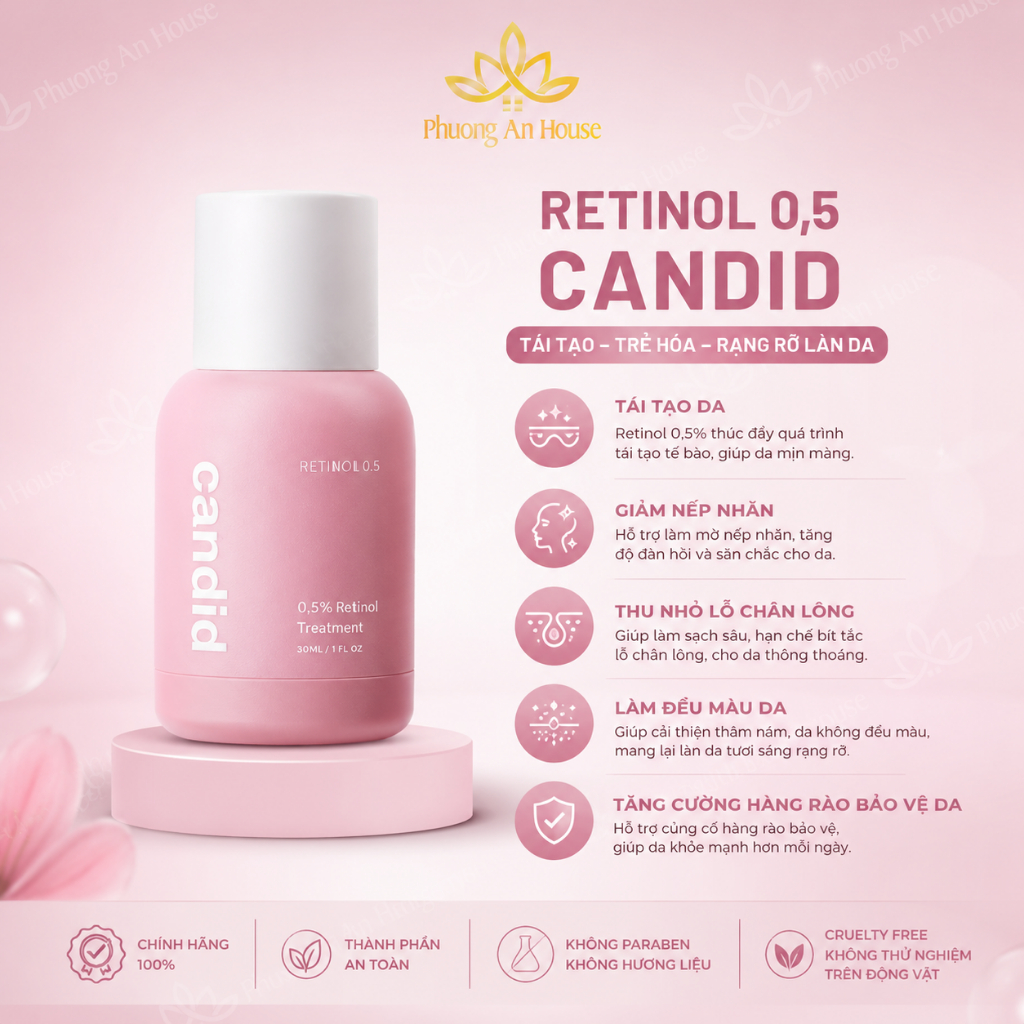 Tinh chất Retinol Candid 0.3, 0.5 và 1.0 - Giảm nếp nhăn, tăng độ đàn hồi da, cải thiện đều màu da