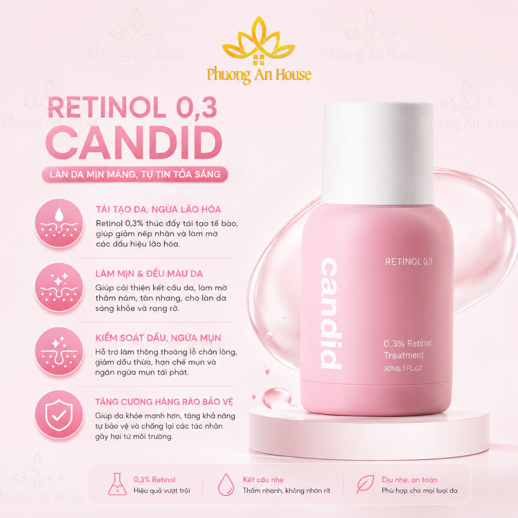 Tinh chất Retinol Candid 0.3, 0.5 và 1.0 - Giảm nếp nhăn, tăng độ đàn hồi da, cải thiện đều màu da
