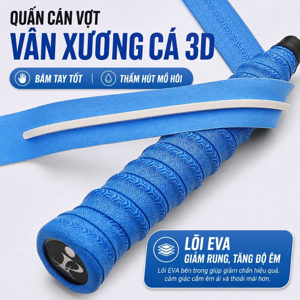 Mua 5c tặng 1c, Mua 10c tặng 2c Quấn Cán Vợt Vân Xương Cá PU+EVA Cao Cấp | Thấm Hút Mồ Hôi, Chống Trơn Pickleball Cầu L