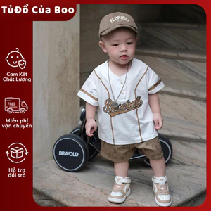 Bộ Đồ Bé Trai Thể Thao, Áo Thun Cổ Tim In Chữ Baseball + Quần Short Mềm Mát, Set Quần Áo Bé Trai A35