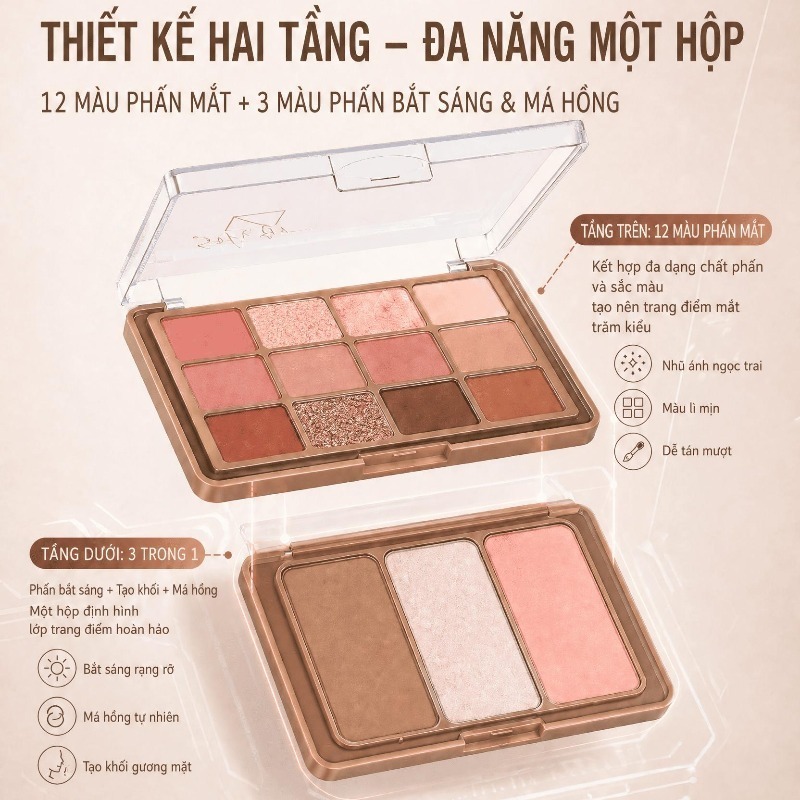 Bảng Phấn Mắt SIVANNA COLORS 15 Màu Cao Cấp Kèm Má Hồng Highlight Tạo Khối, Makeup Palette HF620 | BigBuy360 - bigbuy360.vn