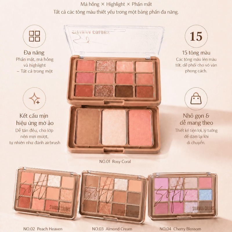 Bảng Phấn Mắt SIVANNA COLORS 15 Màu Cao Cấp Kèm Má Hồng Highlight Tạo Khối, Makeup Palette HF620 | BigBuy360 - bigbuy360.vn