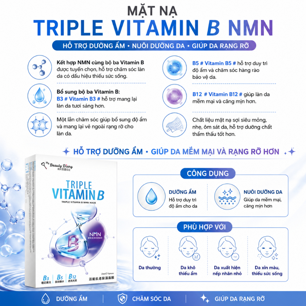 My Beauty Diary Triple Vitamin A & B NMN Mask 5 Miếng/Hộp | Dưỡng Ẩm, Chăm Sóc Da Mềm Mịn